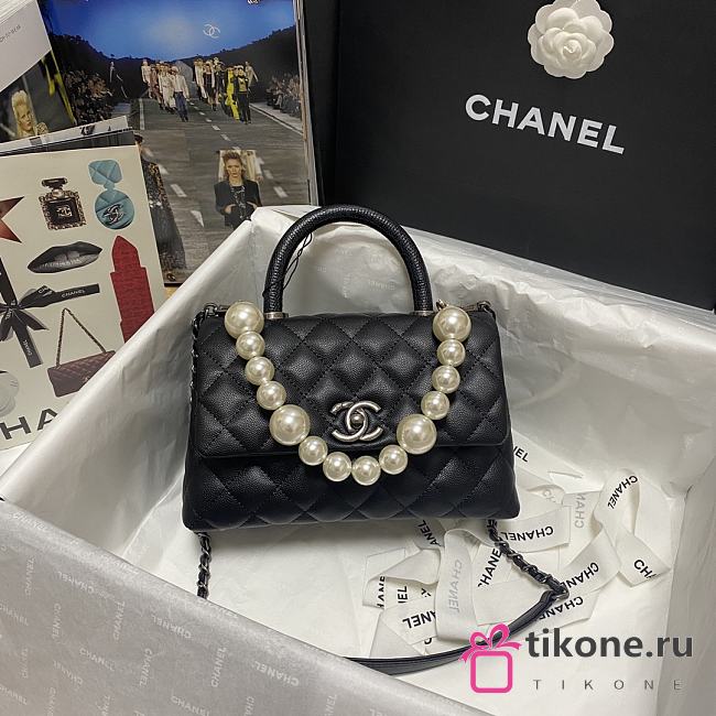 Chanel Coco Black Handle Pearl Chain Caviar Silver Hardware Small - 2215 – 19 cm - 1