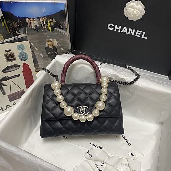 Chanel Coco Red Handle Pearl Chain Caviar Silver Hardware Small - 2215 – 19 cm