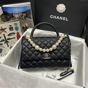 Chanel Coco Black Handle Pearl Chain Caviar Silver Hardware Small - 92991 – 28 cm