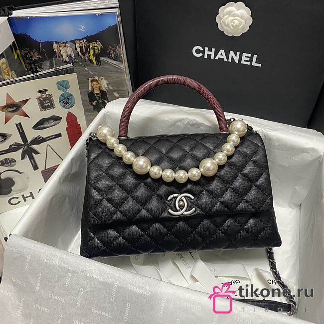 Chanel Coco Red Handle Pearl Chain Caviar Silver Hardware Large - 92991 – 28 cm - 1