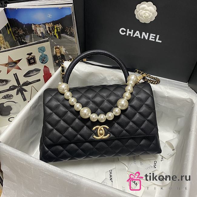 Chanel Coco Black Handle Pearl Chain Caviar Gold Hardware Large - 92991 – 28 cm - 1