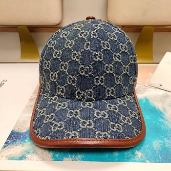 Gucci GG Baseball Cap Blue And Ivory GG Denim With Brown Leather 