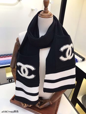 Chanel 100% Wool Fabric Scarf Black – 35x200 cm
