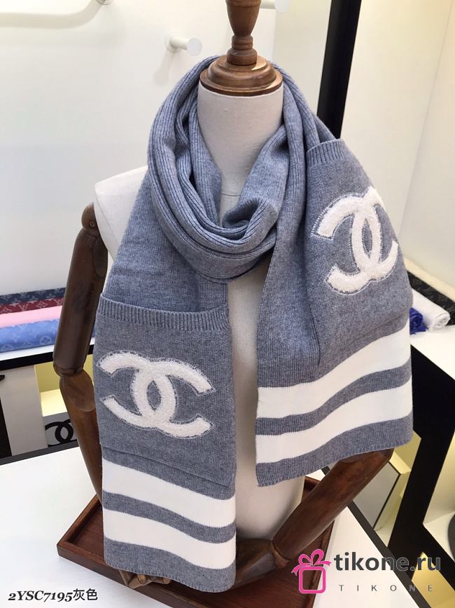 Chanel 100% Wool Fabric Scarf Grey – 35x200 cm - 1