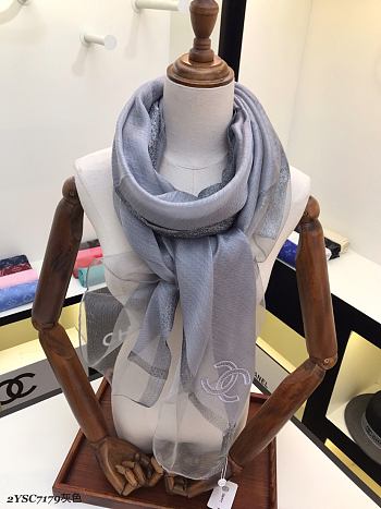 Chanel Embroidered Silk And Wool Scarf Grey  – 2YSC7179 - 75×200 cm