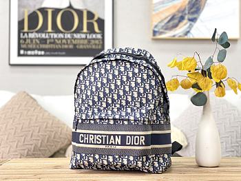 Dior Oblique Backpack canvas blue embroidery – 35×15×42cm