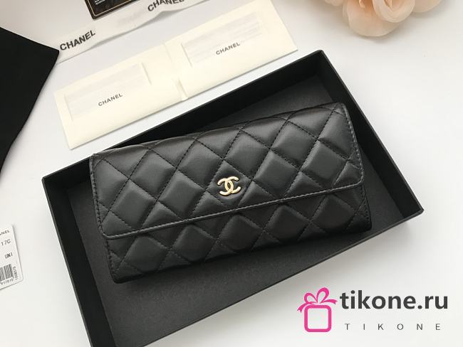 Chanel Imported Sheepskin With Maroon Red Skin Gold Logo Long Wallet Black – A50096 - 10.5x19x3 cm - 1