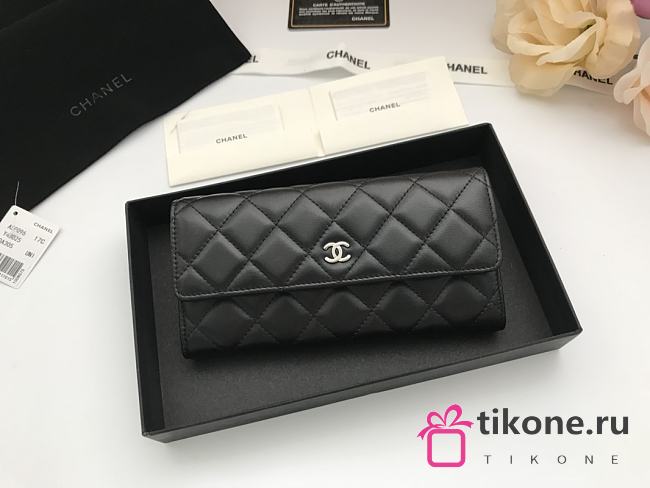 Chanel Imported Sheepskin With Maroon Red Skin Silver Logo Long Wallet Black – A50096 - 10.5x19x3 cm - 1