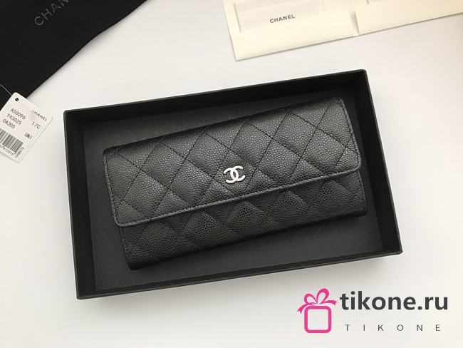 Chanel Grain Embossed Cowhide With Maroon Red Skin Silver Logo Long Wallet Black – A50096 - 10.5x19x3 cm - 1