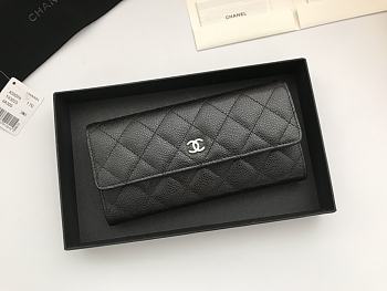 Chanel Grain Embossed Cowhide With Maroon Red Skin Silver Logo Long Wallet Black – A50096 - 10.5x19x3 cm