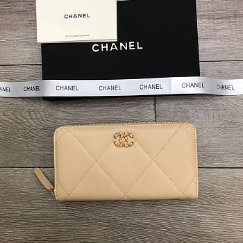 Chanel Zipper Long Wallet Large Diamond Pattern Leather Chain CC Buckle Beige – 6870 - 19 cm