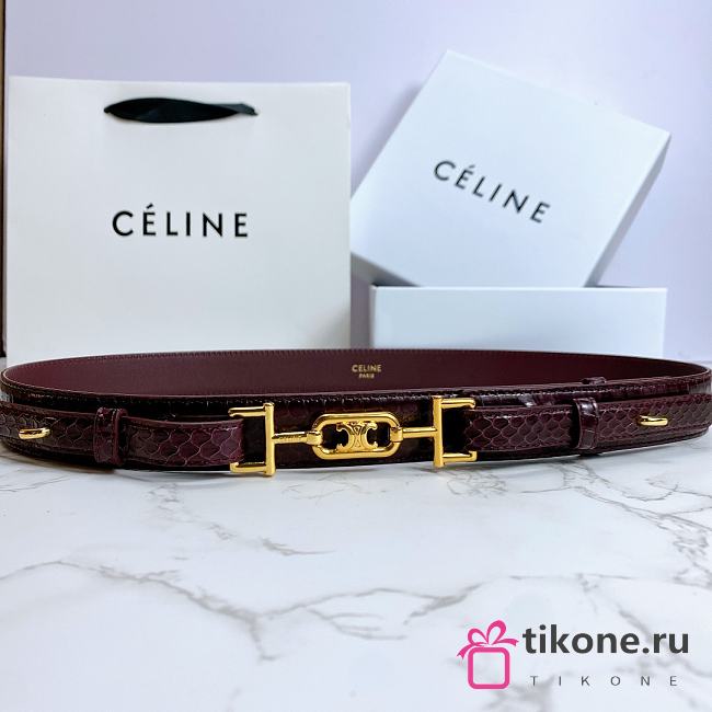 Celine Belt Horsebit Buckle Cow Leather Belt Python Leather Burgundy – 30mm - 1