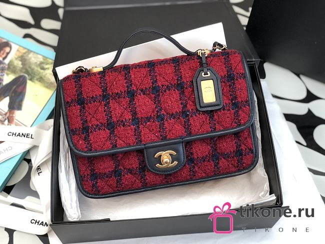 Chanel School Memory Top Handle Flap Bag Quilted Tweed Small Red - 1