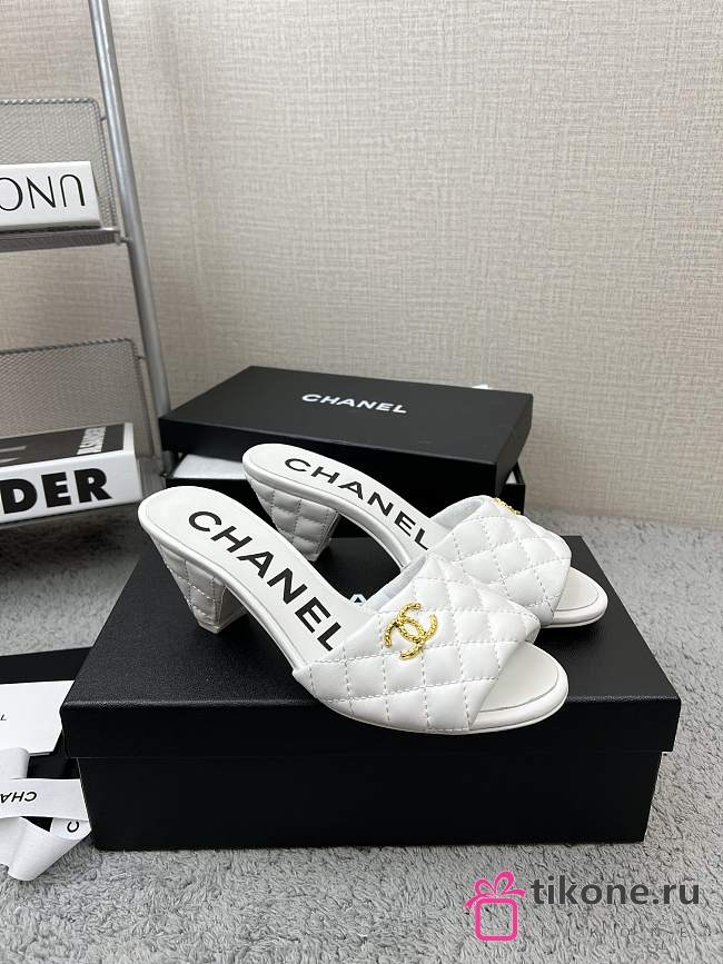 Chanel White Lambskin Quilted CC Gold Logo Cone Heel Mule Slide Sandal - 1