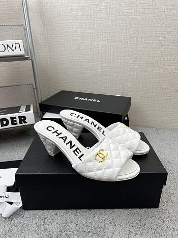 Chanel White Lambskin Quilted CC Gold Logo Cone Heel Mule Slide Sandal