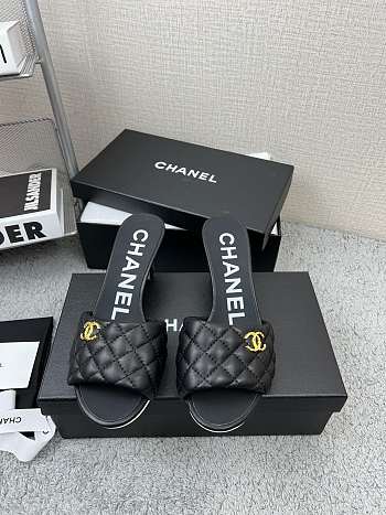 Chanel Black Lambskin Quilted CC Gold Logo Cone Heel Mule Slide Sandal