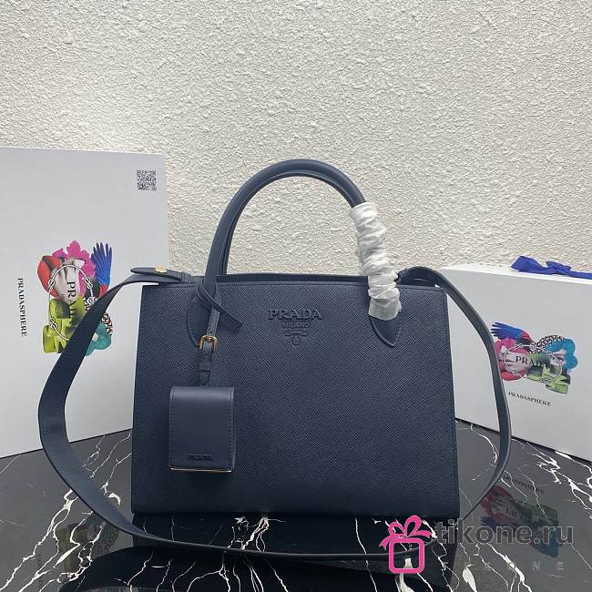  Prada Large Saffiano Leather Double Bag Dark Blue - 33×24.5×15cm - 1