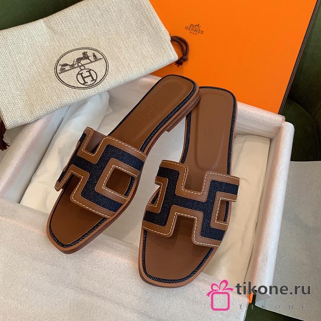 Hermes Oran Sandal Lamskin Brown And Denim 7770 - 1