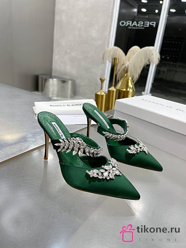 Manolo Blahnik Green Satin Lurum Pointed Toe Mules - 1