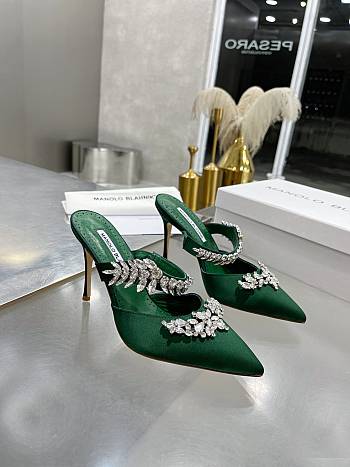 Manolo Blahnik Green Satin Lurum Pointed Toe Mules