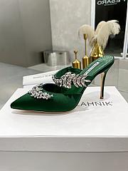 Manolo Blahnik Green Satin Lurum Pointed Toe Mules - 2