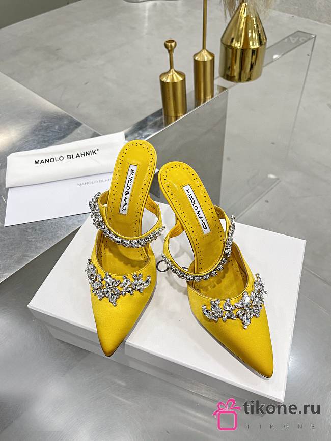 Manolo Blahnik Yellow Satin Lurum Pointed Toe Mules - 1