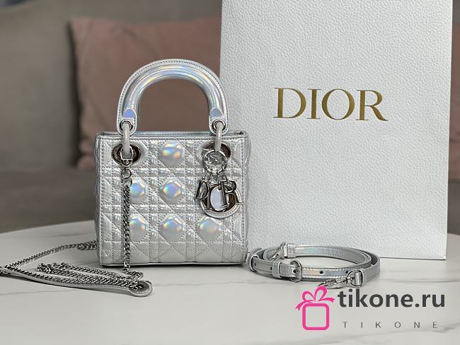 Dior Lady Neon Silver Metallic Lambskin Cannage - 17x15x7cm - 1