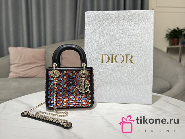 Lady Dior Micro Pink Calfskin Embroidered with Multicolor Strass  - 1