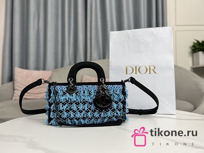 Dior Lady Black Satin And Turquoise Beaded Fringe D-Joy Bag - 1