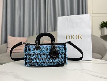 Dior Lady Black Satin And Turquoise Beaded Fringe D-Joy Bag