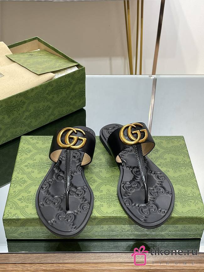 Gucci Ladies Interlocking Double G Thong Black Sandals  - 1