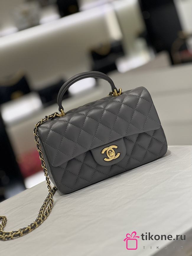 Chanel Mini Flap Bag Grey Lambskin Leather Top Handles - 20×6x13cm - 1