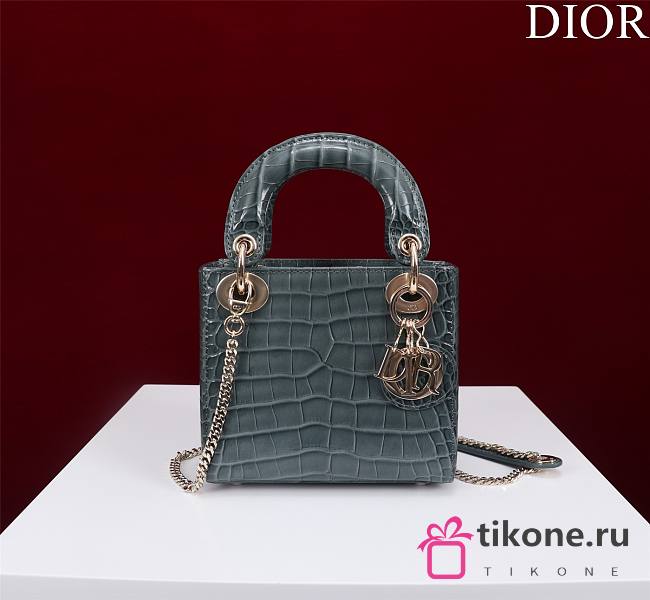 Dior Lady Princess Diana Grey-Blue three grid crocodile pattern - 17x15x7cm - 1