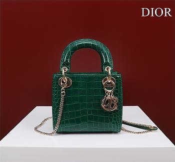 Mini Lady Dior Bag Princess Diana Green Gold Hardware Crocodile Pattern - 17x15x7cm