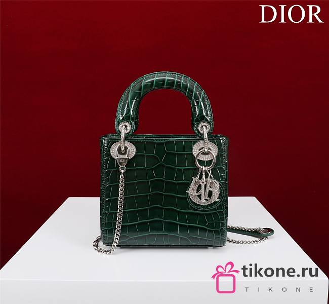 Mini Lady Dior Bag Princess Diana Green Silver Hardware crocodile pattern - 17x15x7cm - 1