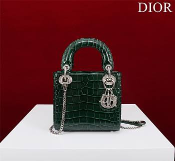 Mini Lady Dior Bag Princess Diana Green Silver Hardware crocodile pattern - 17x15x7cm