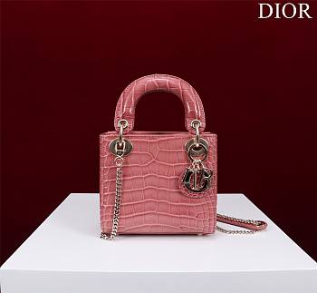 Mini Lady Dior Bag Princess Diana Pink Gold Hardware Crocodile Pattern - 17x15x7cm