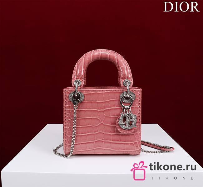 Mini Lady Dior Bag Princess Diana Pink Silver Hardware Crocodile Pattern - 17x15x7cm - 1