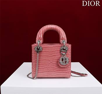 Mini Lady Dior Bag Princess Diana Pink Silver Hardware Crocodile Pattern - 17x15x7cm