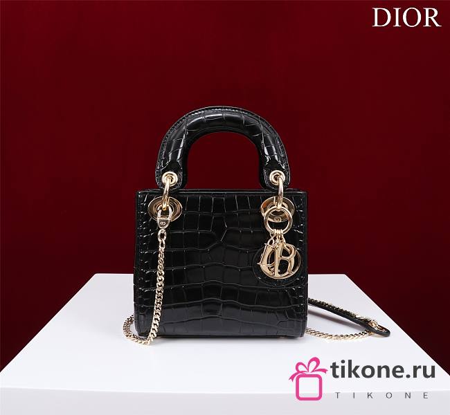 Mini Lady Dior Bag Princess Diana Black Gold Hardware Crocodile Pattern - 17x15x7cm - 1