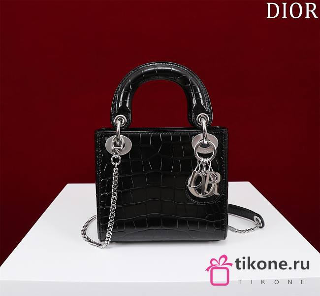 Dior Lady Princess Diana Black Silver Hardware crocodile pattern - 17x15x7cm - 1