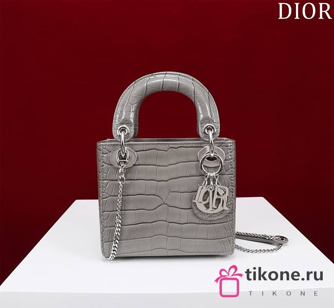 Mini Lady Dior Bag Princess Diana Grey Silver Hardware Crocodile Pattern - 17x15x7cm - 1