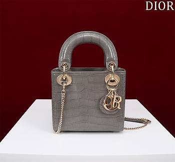 Mini Lady Dior Bag Princess Diana Grey Gold Hardware Crocodile Pattern - 17x15x7cm