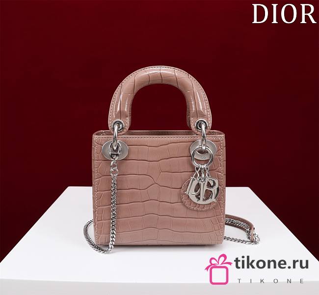 Mini Lady Dior Bag Princess Diana Dusty Pink Silver Hardware Crocodile Pattern - 17x15x7cm - 1