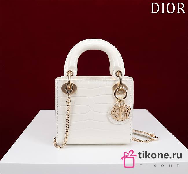 Mini Lady Dior Bag Princess Diana White Gold Hardware Crocodile Pattern - 17x15x7cm - 1