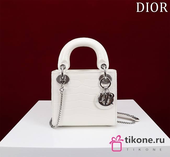 Mini Lady Dior Bag Princess Diana White Silver Hardware Crocodile Pattern - 17x15x7cm - 1