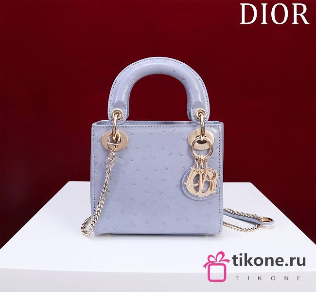 Dior Lady Blue Gold Hardware Ostrich Pattern - 17x15x7cm - 1