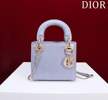 Dior Lady Blue Gold Hardware Ostrich Pattern - 17x15x7cm