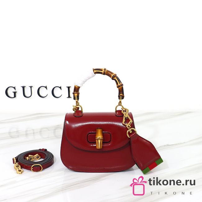 Gucci Small Bamboo 1947 In Red Leather - 17x12x7.5cm - 1