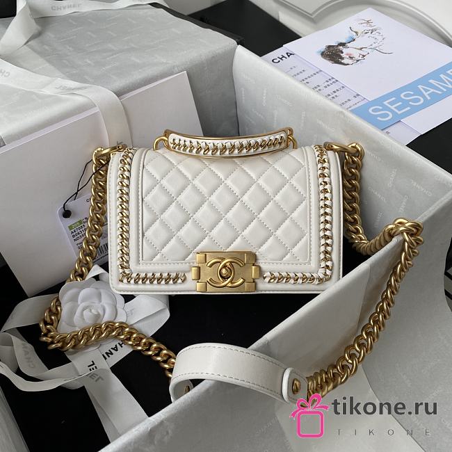 Chanel 20 Lambskin Quilted Medium Chain Detail Boy Flap White  - 1